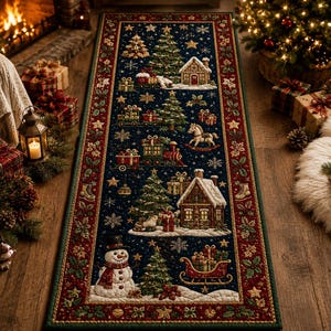 May include: A rectangular runner rug featuring a dark blue center with a festive Christmas scene including a snowman, gingerbread houses, a toy train, a rocking horse, and Christmas trees, framed by a red border with green holly leaf patterns.