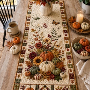 May include: A rectangular quilted table runner featuring an off-white background with an intricate central design of pumpkins, sunflowers, autumn leaves, and a butterfly. The border consists of a patchwork pattern of squares with leaf motifs.