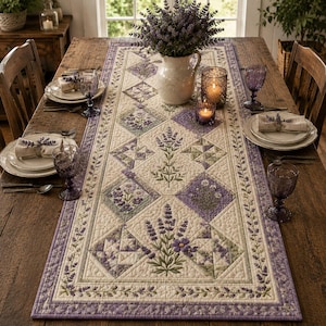 Puede incluir: Un camino de mesa acolchado rectangular con una base de tela color crema, adornado con bordados florales de lavanda y patrones de patchwork geom&eacute;tricos en tonos morados y verdes, centrado con una jarra blanca de lavanda.