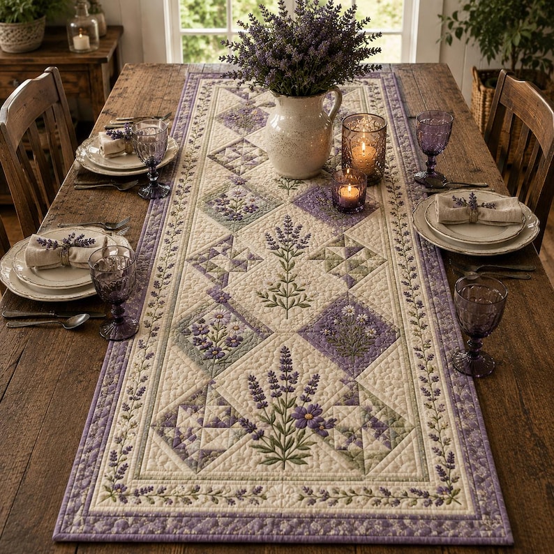 Puede incluir: Un camino de mesa acolchado rectangular con una base de tela color crema, adornado con bordados florales de lavanda y patrones de patchwork geom&eacute;tricos en tonos morados y verdes, centrado con una jarra blanca de lavanda.