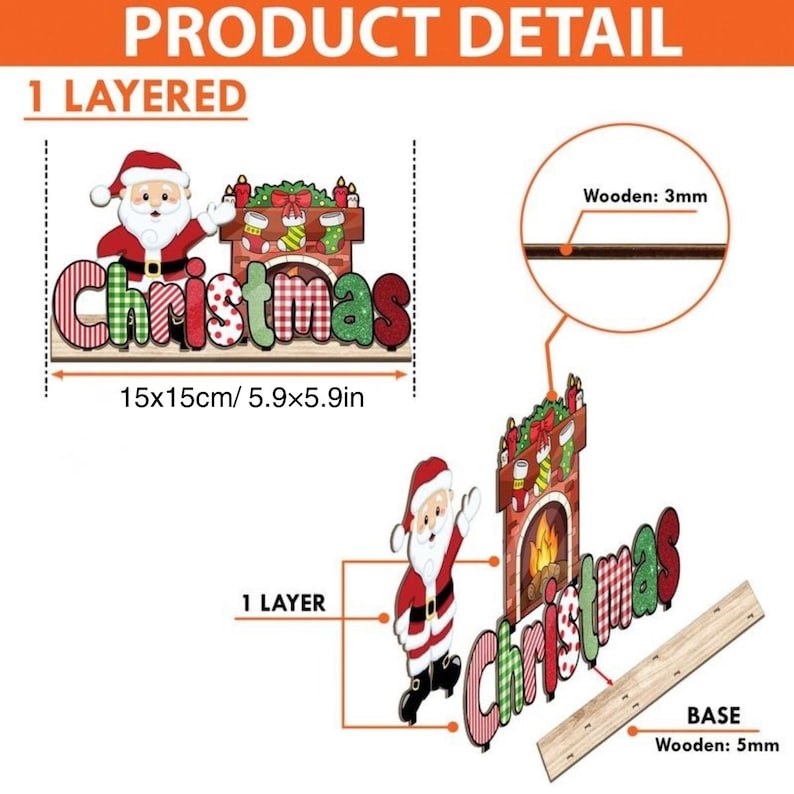 May include: A wooden Christmas decoration featuring Santa Claus, a fireplace, and the word "Christmas". The decoration is 5.9 x 5.9 inches and made of 3mm and 5mm thick wood. The text "PRODUCT DETAIL" and "1 LAYERED" are also visible.