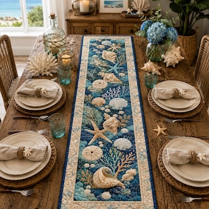 May include: A rectangular table runner featuring a printed pattern of various seashells, starfish, and coral in shades of blue, beige, and white. The runner has a decorative border and is centered on a wooden dining table with place settings.