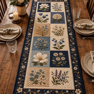 May include: A rectangular quilted table runner featuring a grid of twelve square panels, each embroidered with different botanical illustrations including flowers, wheat, and herbs, framed by a dark blue border with a white floral vine pattern.
