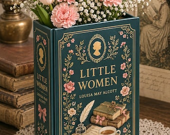 Little Women Book Vase, Ceramic Literary Vase, Louisa May Alcott Gift, Reader Gift, Bookshelf Decoration, Vintage Floral Book Decor Home