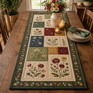 Puede incluir: Un camino de mesa acolchado rectangular con un dise&ntilde;o de patchwork de varios bloques florales en tonos crema, verde, rojo, azul y amarillo. El borde es de color verde oscuro con un patr&oacute;n repetitivo de peque&ntilde;as flores y hojas coloridas.