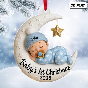 Custom Baby First Christmas Ornament, Moon Sleeping Design, Personalized Acrylic Keepsake, Unique Newborn Gift, Holiday Tree Decoration