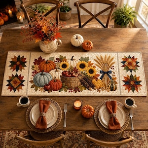 May include: A rectangular quilted table runner featuring a central harvest print of pumpkins, sunflowers, wheat, and corn in a basket. The runner has geometric star patterns on both ends and is set on a wooden table with two place settings.