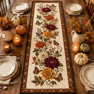 May include: A rectangular quilted table runner featuring a cream-colored center with an intricate floral pattern of burgundy, orange, and yellow dahlias, green leaves, red berries, and orange monarch butterflies, bordered by a dark brown leaf print.