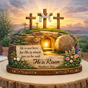 May include: A decorative Easter scene featuring three wooden crosses on a hill, with a tomb and a large stone. The text "He is Risen" is displayed on a wooden sign, surrounded by colorful flowers.