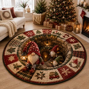 May include: A round Christmas-themed area rug featuring a 3D optical illusion of a stone staircase leading into a deep well. The border is composed of quilted squares with patterns of snowflakes, pine trees, gnomes, and a red truck with a tree.