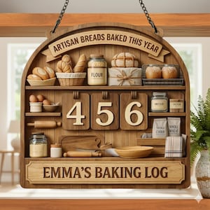 May include: Wooden sign with the text "ARTISAN BREADS BAKED THIS YEAR" and "EMMA'S BAKING LOG". The sign displays shelves with baked goods, flour, and the numbers 456. Includes a rolling pin, eggs, and other baking supplies.
