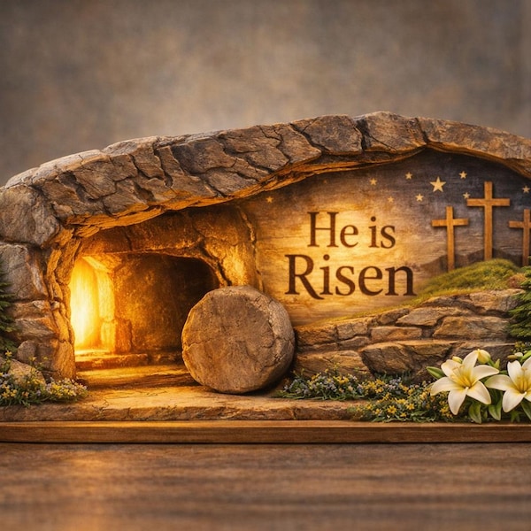 Easter Wooden Block, Empty Tomb Resurrection Scene, He Is Risen Christian Decor, Meaningful Church Gift for Pastor Appreciation and Ministry