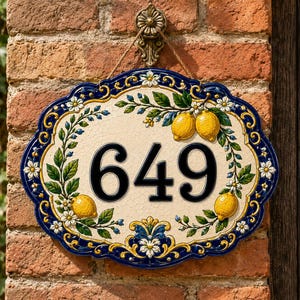 May include: An oval ceramic house number plaque featuring the black digits 649 on a cream-colored crackle-finish background. The border is decorated with hand-painted yellow lemons, green leaves, and small white flowers on a deep blue base.