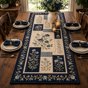 May include: A rectangular quilted table runner featuring a patchwork design of cream and navy blue fabric blocks. The runner is decorated with embroidered blue floral motifs, including daisies and wildflowers, and a border of small blue flowers.