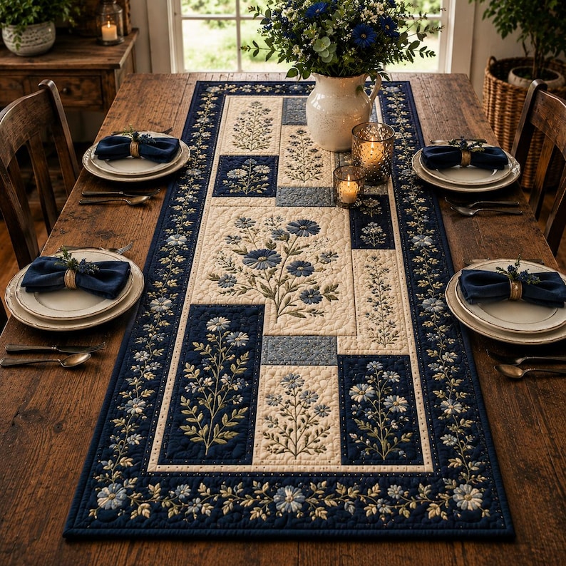 Puede incluir: Un camino de mesa acolchado rectangular con un dise&ntilde;o de patchwork de bloques de tela color crema y azul marino. El camino est&aacute; decorado con motivos florales azules bordados, incluyendo margaritas y flores silvestres, y un borde de peque&ntilde;as flores azules.