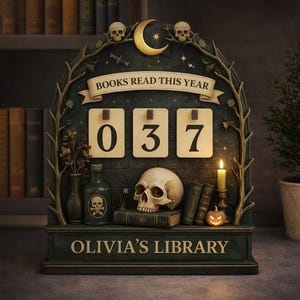 May include: A dark green and gold decorative book counter with the text "BOOKS READ THIS YEAR" and "OLIVIA'S LIBRARY". The counter displays the number 037. The counter has a skull, books, and a candle.