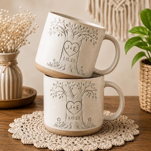 Personalized Engraved Pottery Clay Mug For Couple, Wedding Gift, Custom Carved Initials In A Heart Tree Mug, Engagement Gifts, Newlywed Gift
