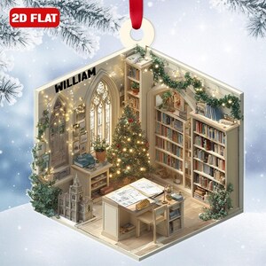 May include: A 2D flat Christmas ornament shaped like a miniature library scene. The ornament features a Christmas tree, bookshelves, a desk, and the name "WILLIAM". The ornament is decorated with fairy lights and greenery.
