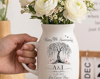 Custom 9th Anniversary Willow Tree Ceramic Flower Vase, Couple Weeding , 9 Years Anniversary Flower Ceramic Vase, Gift Couple, Parents Gift