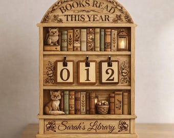 May include: Wooden bookshelf with the text "BOOKS READ THIS YEAR" and "Sarah's Library". The shelf features miniature books, a cat figurine, and a lantern. The counter reads "012".