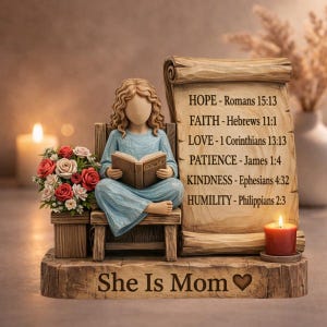 Christian Mother's Day Gift, She Is Mom Wooden Block Sign, Bible Verse Desk Decor, Lavender Flower Pot Illustration, Religious Gift for Mum