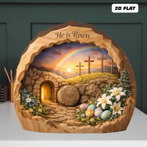 Puede incluir: Pieza decorativa de madera con temática de Pascua con el texto "Ha resucitado". El diseño presenta una tumba de piedra, tres cruces en una colina, un arcoíris y coloridos huevos de Pascua. También se incluyen lirios blancos y flores azules.