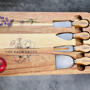 Personalized Cheese Board Set, Custom Charcuterie Board with 4 Customized Knives, Wedding Gift, gifts for couple, Mothers gift, housewarming