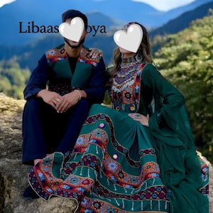 Traditional Afghan Couple Outfit – Green Embroidered Dress & Vest Set