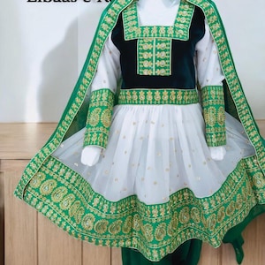 Elegant Green and White Afghan Dress – Handmade Embroidered Attire