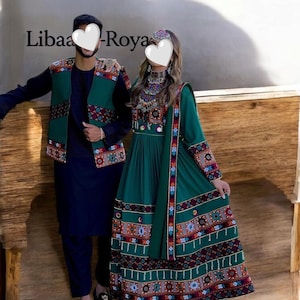 Traditional Afghan Couple Outfit – Green Embroidered Dress & Vest Set