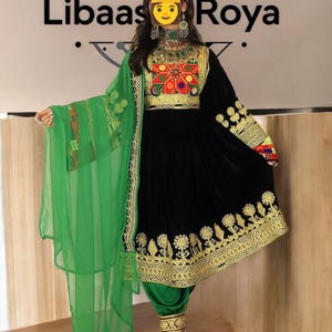 Elegant Black & Green Afghan Dress – Handcrafted Traditional Attire