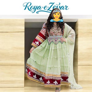 Traditional Afghan Dress for Women – Handmade Green & Red Embroidered Attire with Dupatta | Libaas-E-Roya