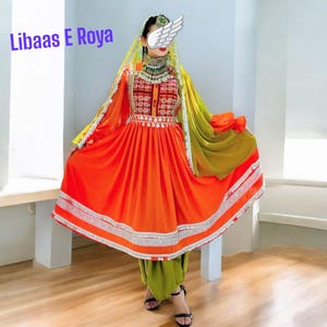 Orange and Green Traditional Afghan Dress | Handmade Embroidered Afghan Outfit with Mirror Work | Cultural Party Wear by Libaas E Roya
