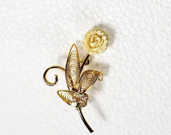 Vintage Gold Tone Filigree and Celluloid Rose Pin - 9210