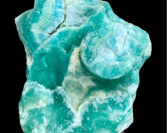 May include: A vibrant, raw mineral specimen with a striking turquoise and white color palette. The stone features concentric banding patterns, creating a visually appealing texture. The overall shape is irregular, showcasing the natural form of the mineral.
