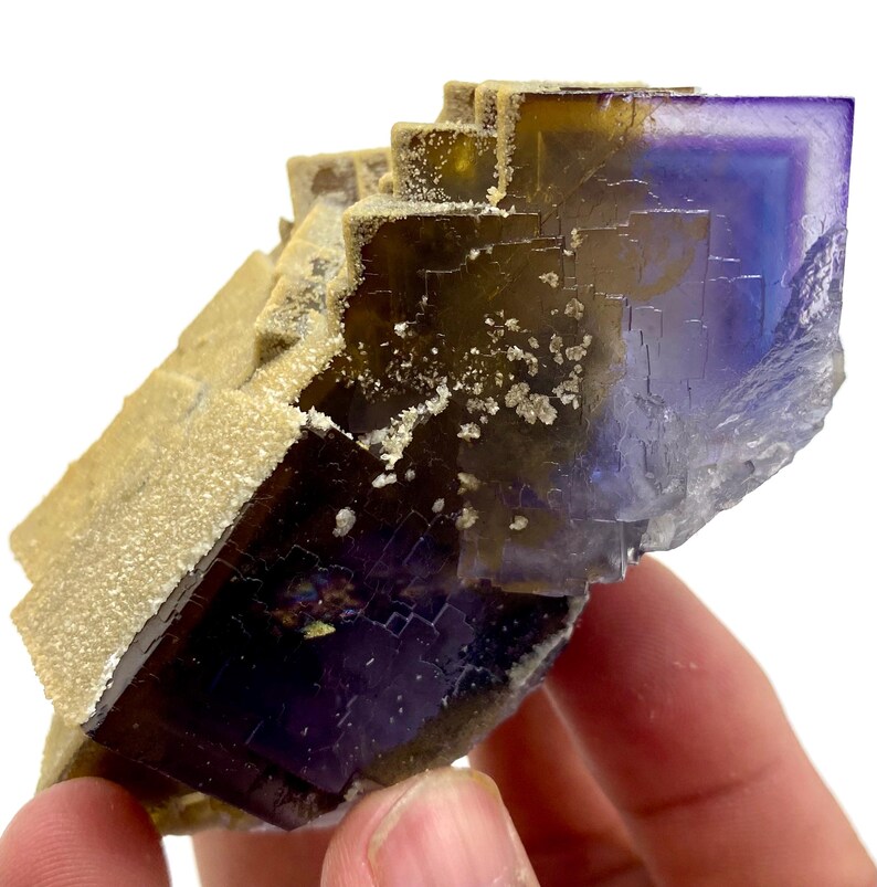 May include: A natural fluorite mineral specimen with a layered structure. The crystal features a gradient of colors, including deep purple, yellow, and tan. The surface has a textured appearance with small, white crystalline deposits.