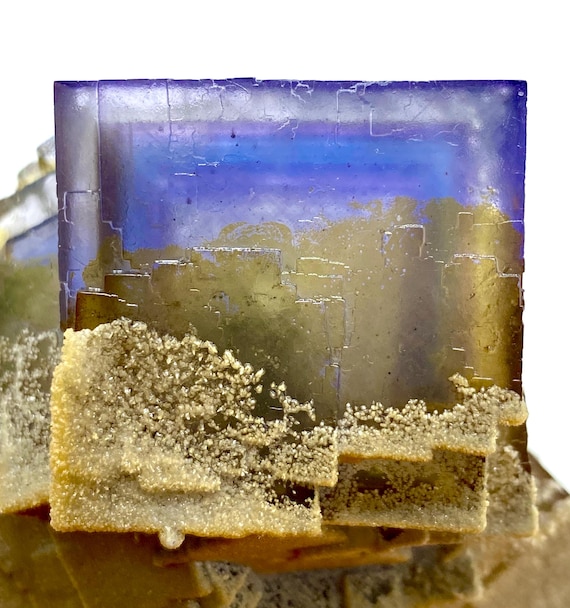 Extremely Rare Natural Blue Multi Lines Phantom Cubic Iridescent Fluorite with Calcite Specimen (Pakistan) 313 Gram