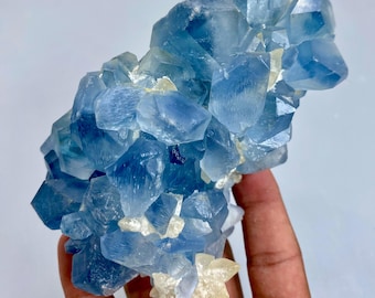 May include: A cluster of light blue crystal formations with sharp, geometric shapes. The crystals have a translucent quality, with some areas appearing more opaque. A few small, off-white crystal formations are also visible.