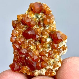 May include: A cluster of orange-brown garnet crystals on a matrix of beige and green rock. The crystals are small, with well-defined geometric shapes, and vary in size. The overall appearance is rough and natural, showcasing the mineral's raw beauty.