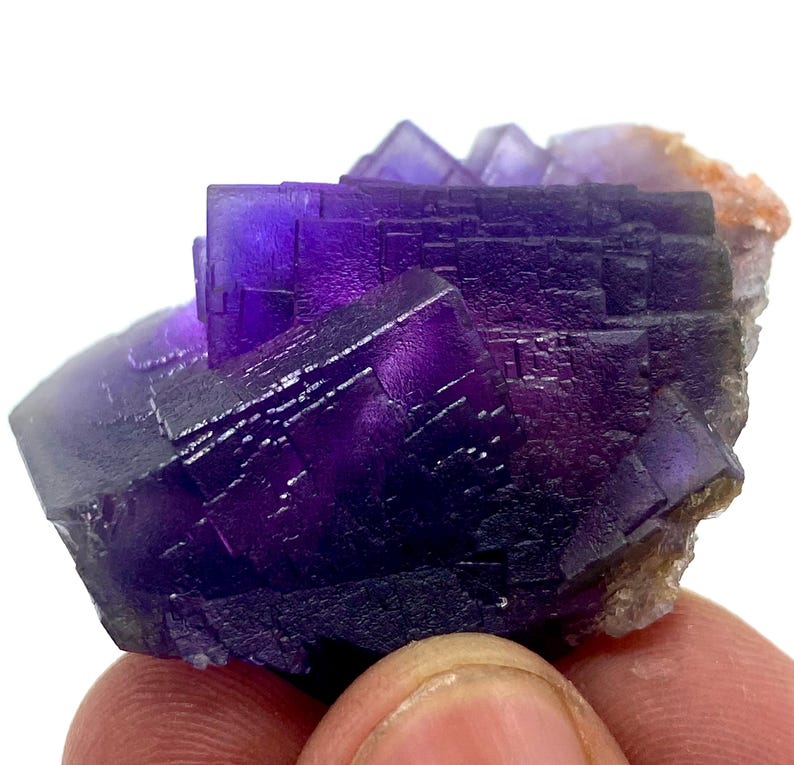 May include: A close-up of a fluorite mineral specimen. The fluorite features deep purple and violet cubic crystals. The specimen has a rough, textured appearance with a small amount of tan-colored matrix.