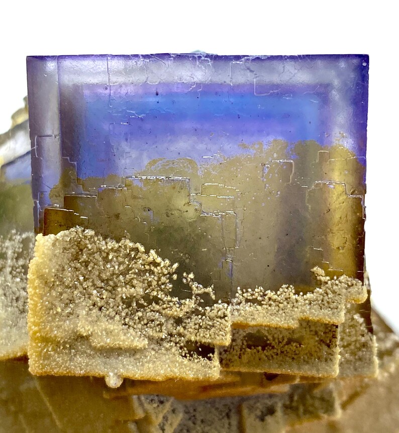 May include: A close-up of a fluorite crystal formation. The top of the crystal is a deep purple color that fades into a light blue. The bottom portion is a golden color with a textured surface and small crystal formations.