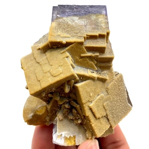 May include: A natural fluorite mineral specimen with a mix of colors. The top portion is a deep purple, transitioning to a golden-brown hue in the center, and a white base. The crystalline structure is visible.