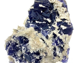 7,9 Kg Pezzo unico di grandi dimensioni! Fluorite cubica blu intenso naturale con calcite, esemplare @PAKISTAN. Collezionista di minerali/Esemplare da esposizione/Pezzo da museo.