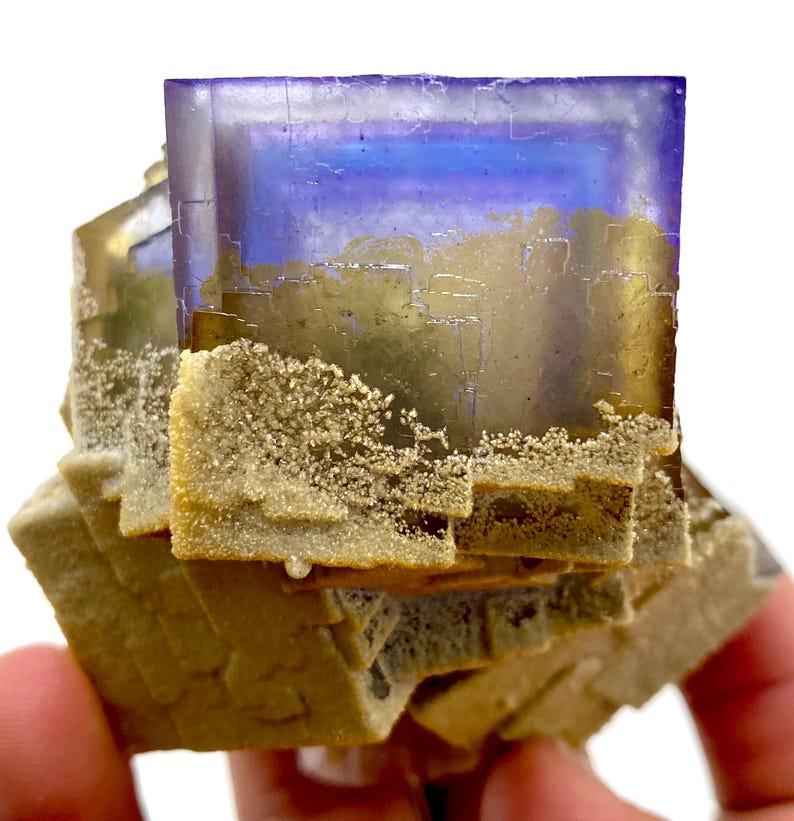 May include: A close-up of a fluorite mineral specimen. The crystal structure displays a gradient of colors, including purple, blue, and gold. The base of the mineral has a rough, textured appearance with small, crystalline formations.