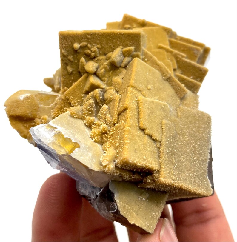 May include: A close-up of a mineral specimen featuring a cluster of golden-brown, cubic crystals. The crystals have a rough, textured surface and are arranged in a layered formation. The base of the specimen shows hints of purple and white.