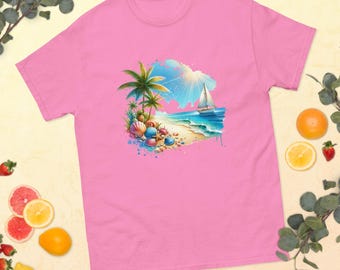 May include: Pink t-shirt featuring a watercolour design of a tropical beach scene. The design includes a palm tree, a sailboat, and seashells on the beach.