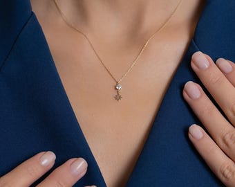 14K 18Kソリッドゴールド8ミニスターネックレス、ランダムスペースの 