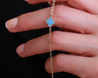 14k Gold Lucky Four Leaf Clover Bracelet, Available in Five Colours