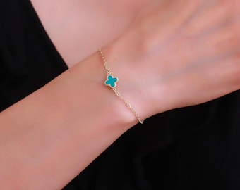 14k Gold Lucky Four Leaf Clover Bracelet, Shamrock Charm