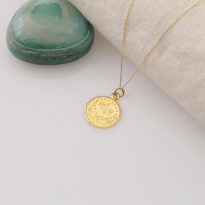 14K Solid Gold Ottoman Coin Pendant, Monogram Necklace,Turkish Embossed Coin Necklace
